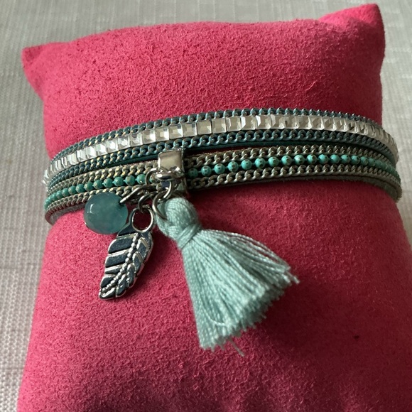 Teal Layered Bracelet with Tassel and Charm - Picture 3 of 5